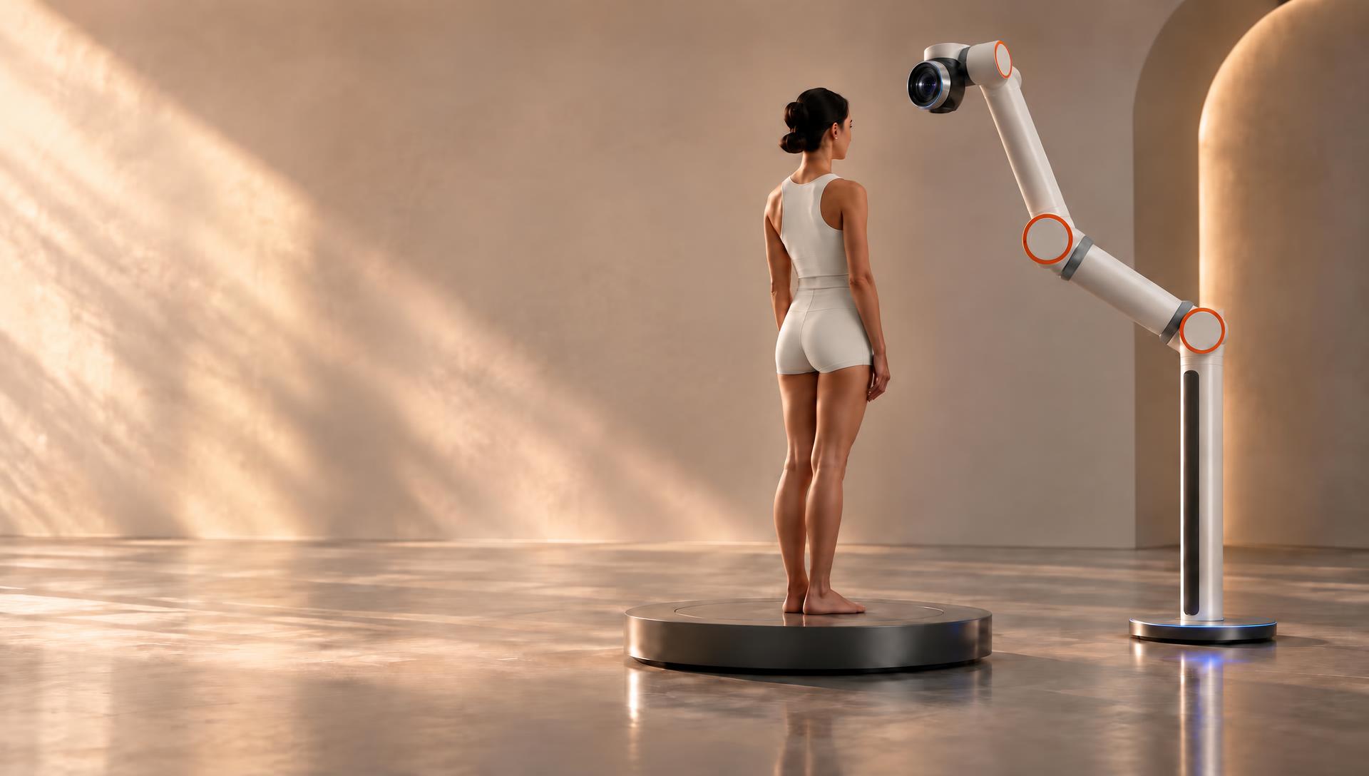 Orbit robot scanning a client's body in a calm studio